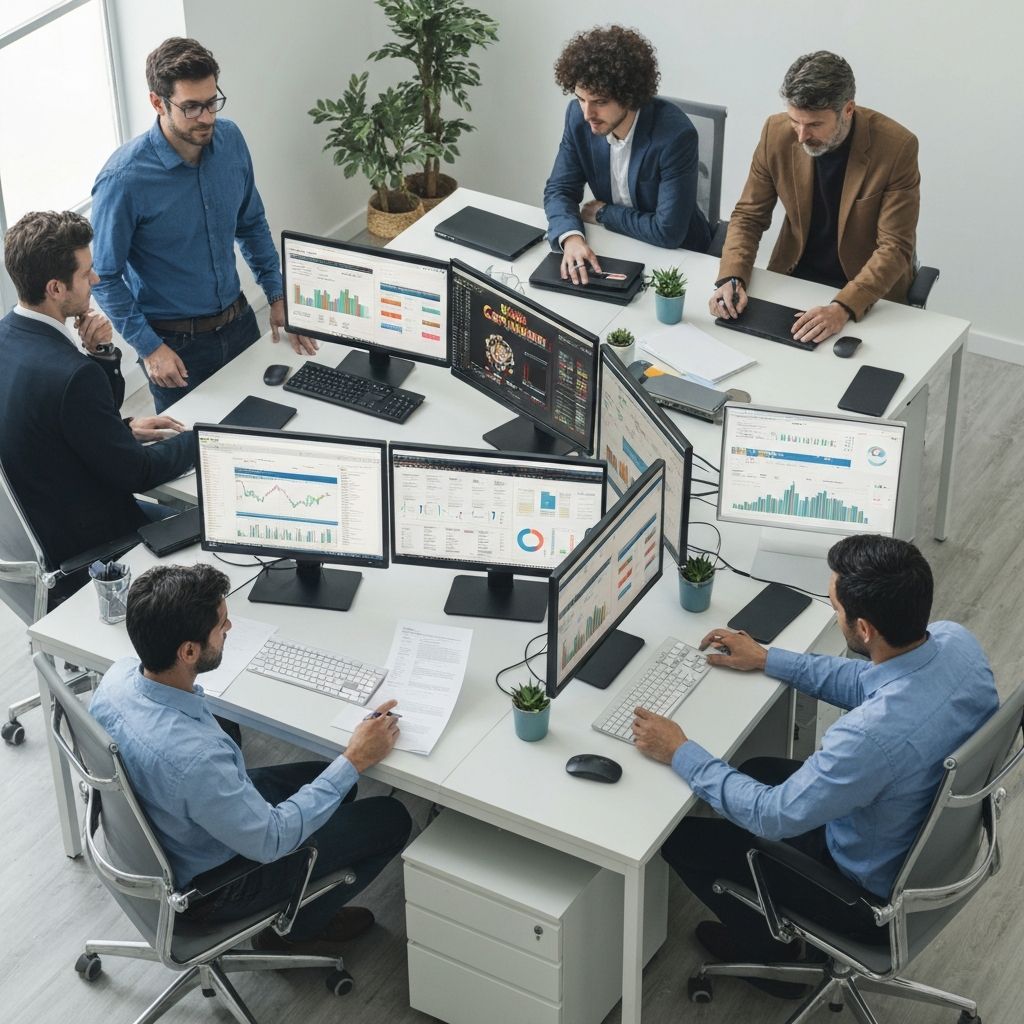 Equipo de analistas de PortalCasinoAR trabajando en oficina moderna de Buenos Aires, revisando plataformas de casino online en computadoras