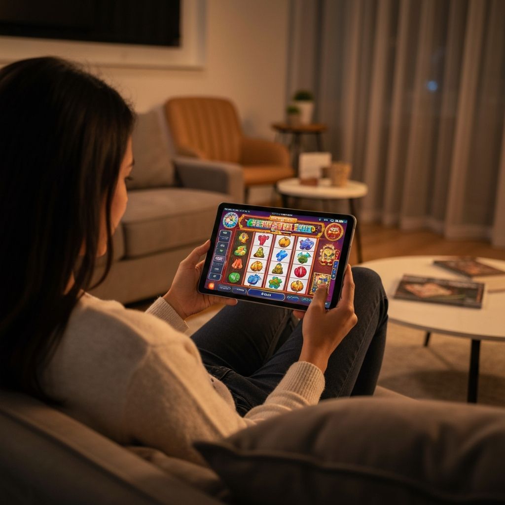 Persona usando una tablet para jugar en un casino online desde su hogar en Buenos Aires, con interfaz colorida de tragamonedas visible en pantalla
