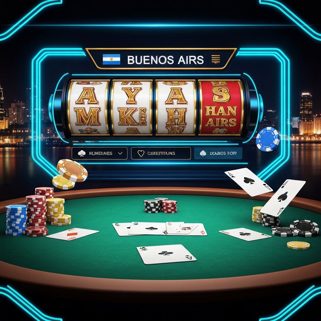 Moderno salón de casino online con pantallas de juego iluminadas, fichas y cartas sobre mesa verde, ambiente nocturno y vibrante de Buenos Aires
